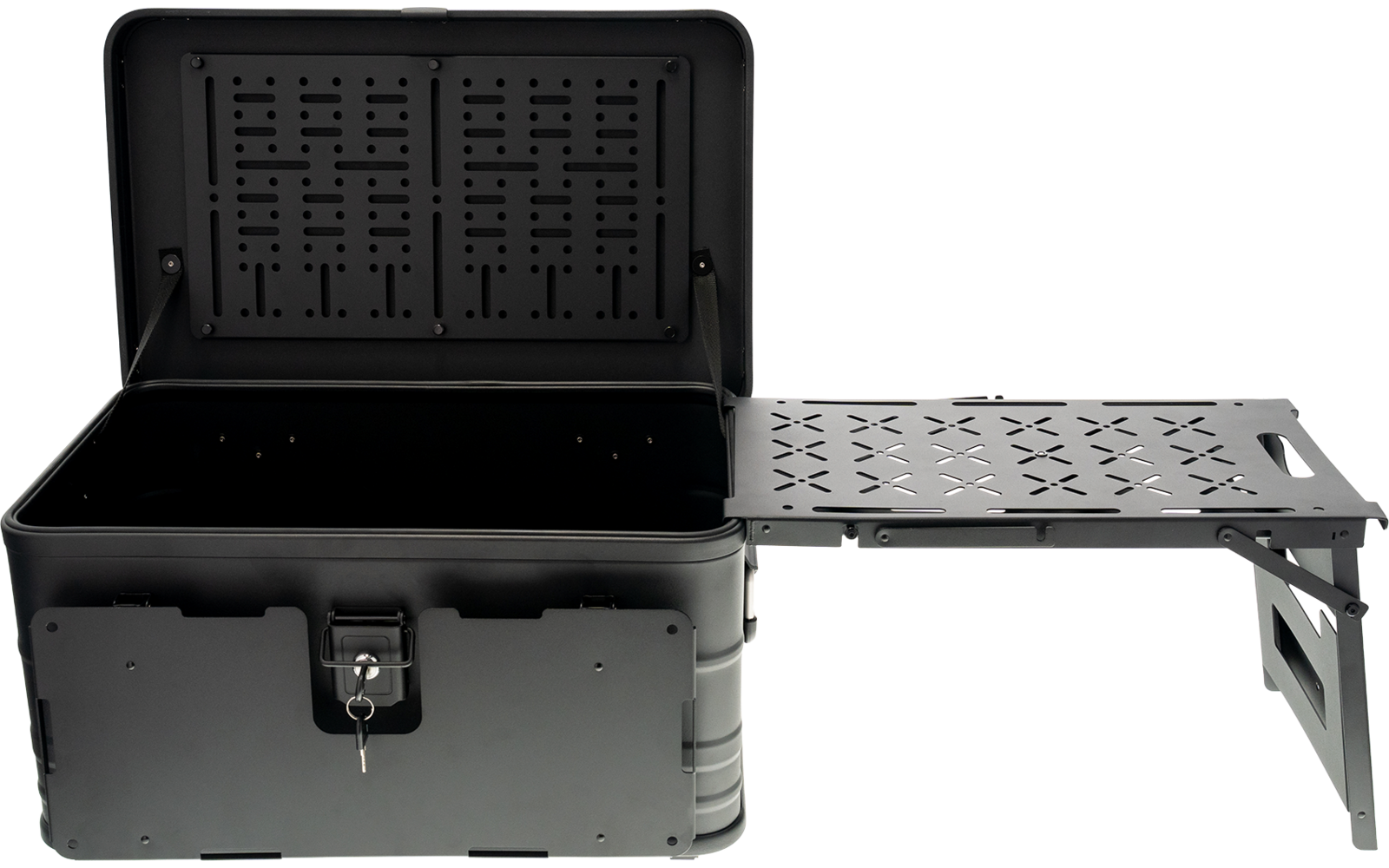 Schwarzer Transportkoffer mit geöffnetem Deckel und ausziehbarem Ablagefach