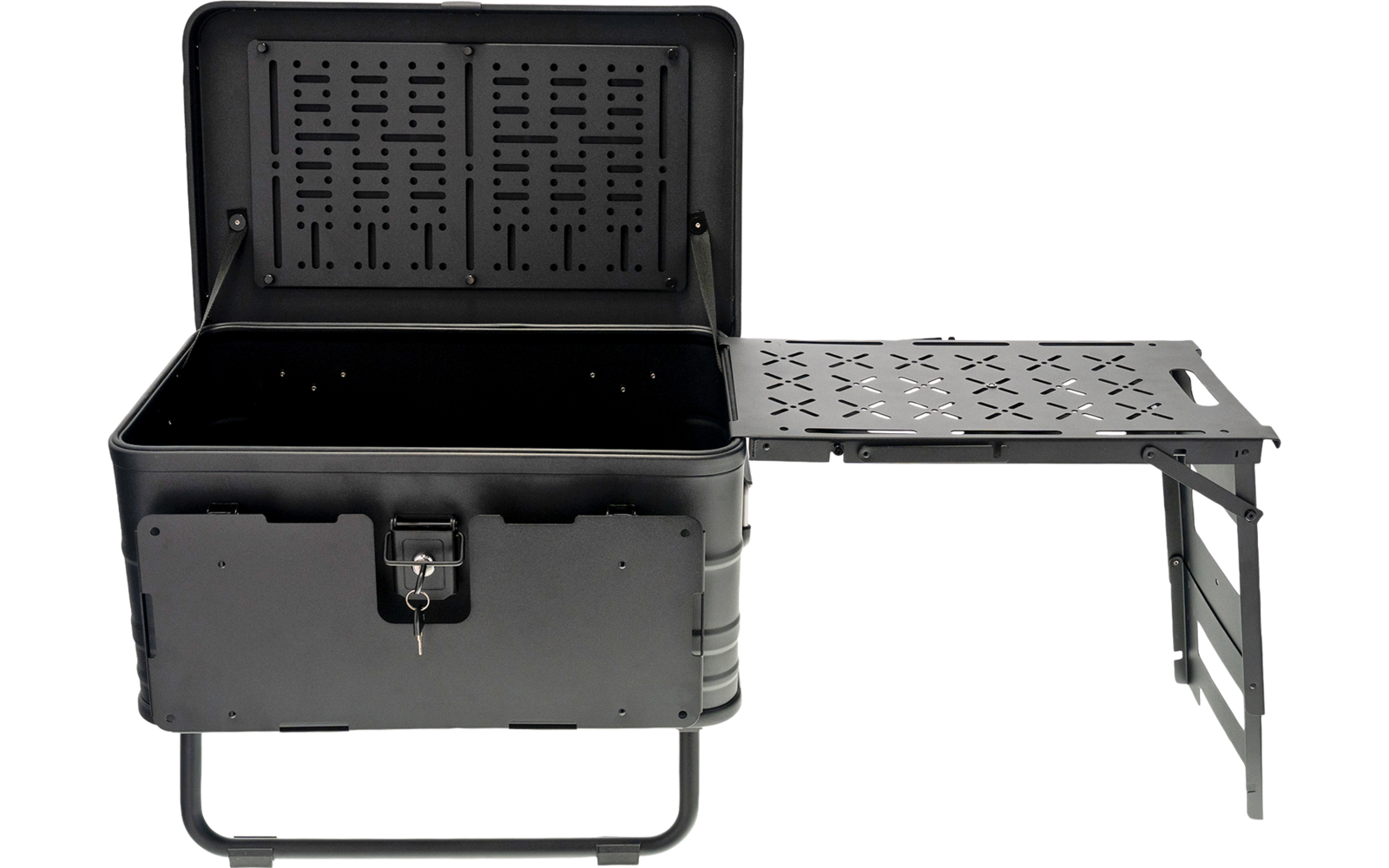 Caisse métallique grise ouverte, couvercle relevé, serrure à l'avant avec clé insérée, tablette métallique dépliée à droite avec pieds