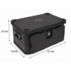 Black rectangular case with lid, handle and latch; dimensions labeled 57.7 cm × 37.6 cm × 27.3 cm