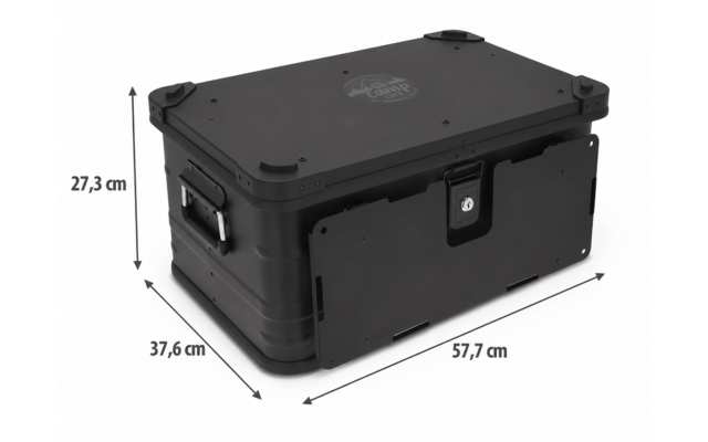 Black rectangular case with lid, handle and latch; dimensions labeled 57.7 cm × 37.6 cm × 27.3 cm