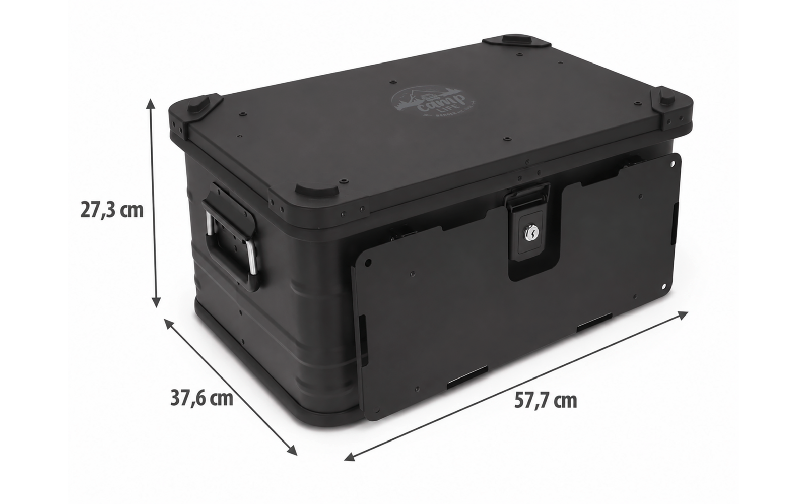 Black rectangular case with lid, handle and latch; dimensions labeled 57.7 cm × 37.6 cm × 27.3 cm