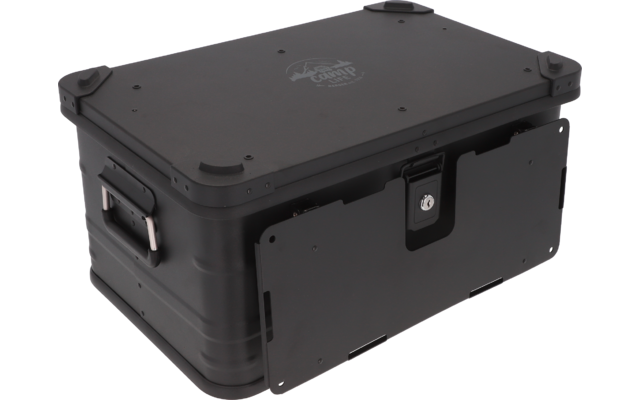 Black sturdy storage case with handles and latch, photographed from above