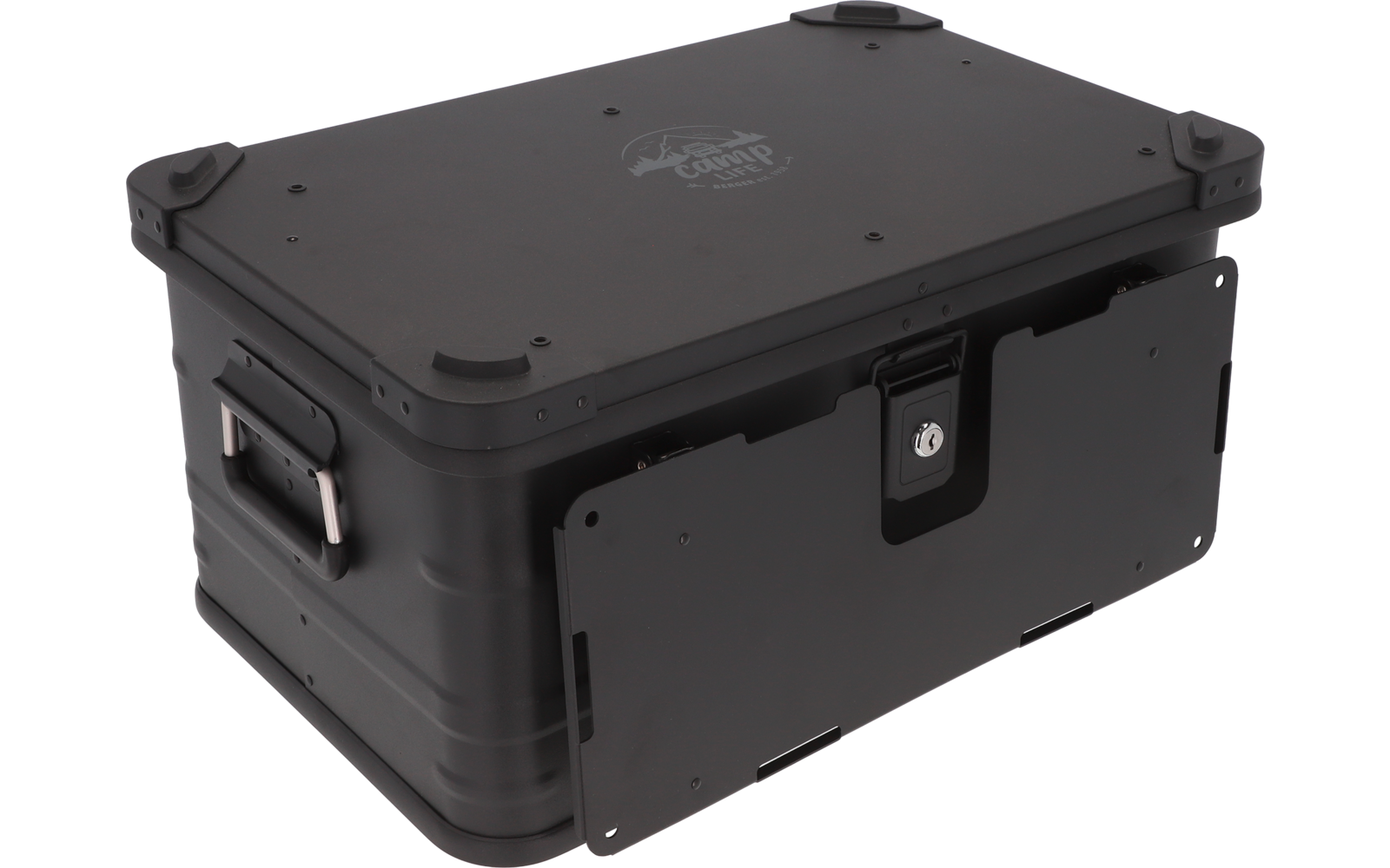 Black sturdy storage case with handles and latch, photographed from above