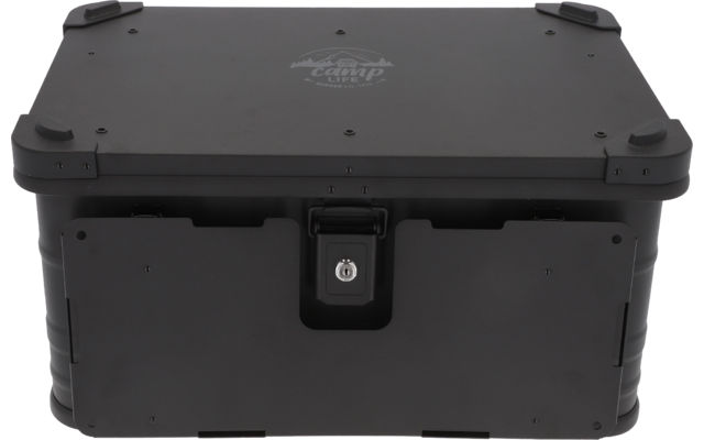 Black rectangular case with a lock on the front