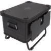 Black rectangular plastic box with lid, side handle, open side panel, and metal stand legs