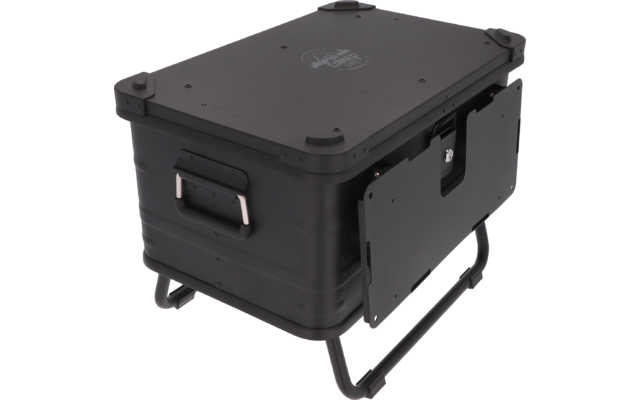 Black rectangular plastic box with lid, side handle, open side panel, and metal stand legs