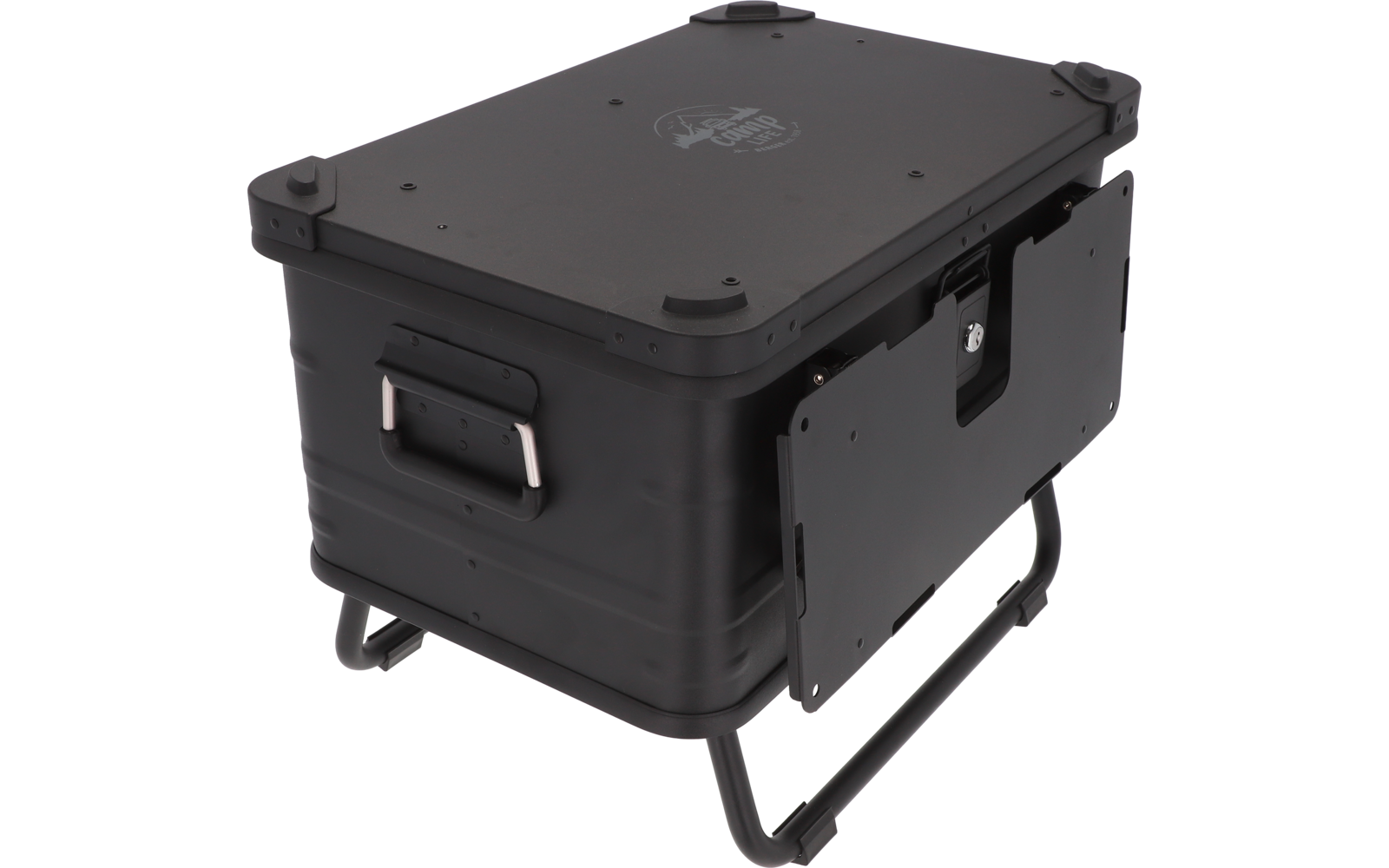 Black rectangular plastic box with lid, side handle, open side panel, and metal stand legs