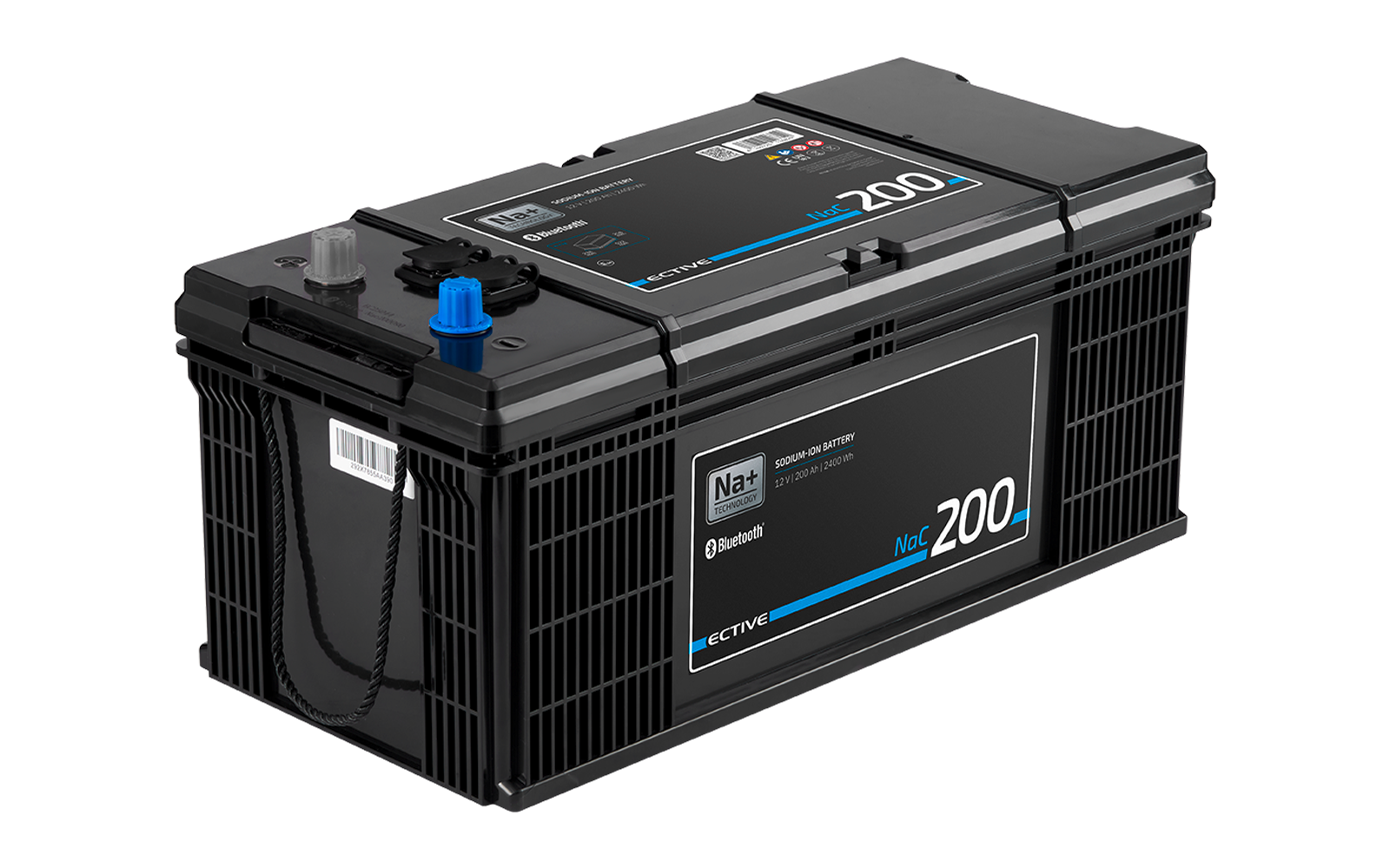 Schwarze rechteckige Batterie mit Aufkleber 'Na+' und '200', blauem und grauem Pol, Tragegriff und seitlichen Verstrebungen