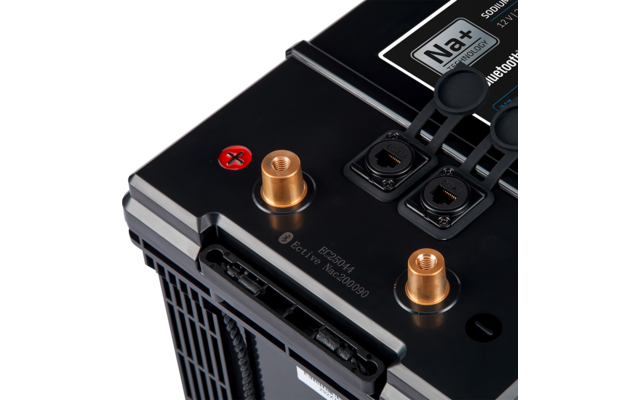 Nahaufnahme eines schwarzen Batteriegehäuses mit zwei goldfarbenen Anschlussbolzen, einem roten Pluszeichen neben einem Bolzen, zwei schwarzen gummierten Steckverbinderabdeckungen und einem Aufkleber mit der Aufschrift 'Na+'