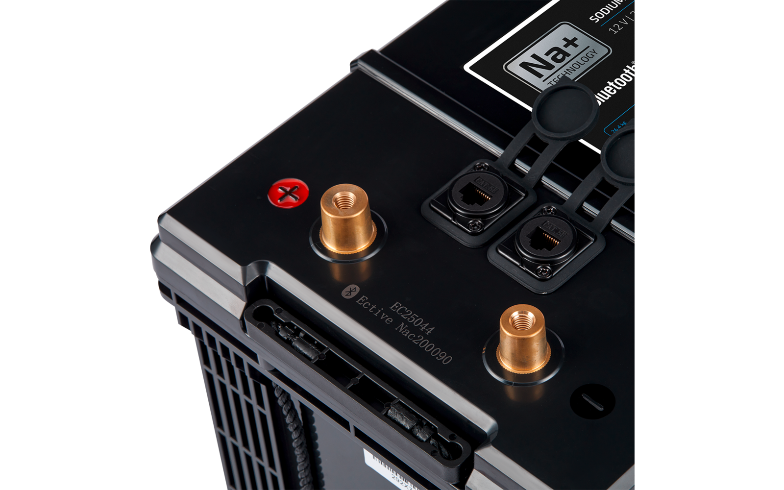 Nahaufnahme eines schwarzen Batteriegehäuses mit zwei goldfarbenen Anschlussbolzen, einem roten Pluszeichen neben einem Bolzen, zwei schwarzen gummierten Steckverbinderabdeckungen und einem Aufkleber mit der Aufschrift 'Na+'