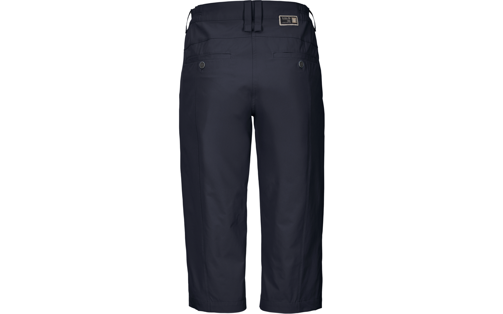 Rückansicht einer dunkelblauen, knöchellangen Hose mit Gürtelschlaufen, zwei Gesäßtaschen mit Knöpfen und einem rechteckigen Markenlabel über der rechten Tasche