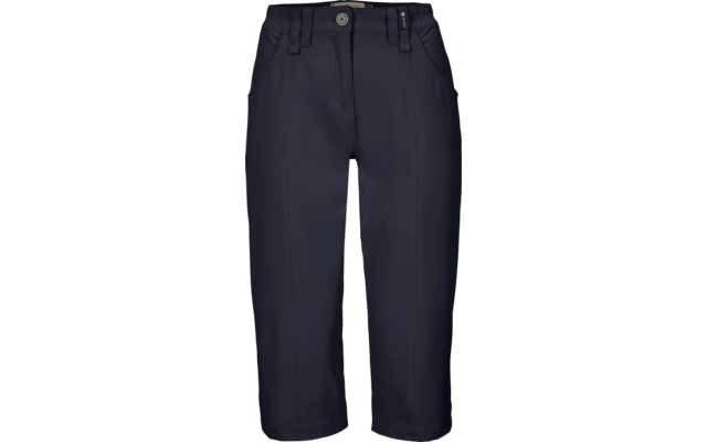 Dunkelblaue knielange Hose mit Knopfbund, Gürtelschlaufen und seitlichen Taschen vor weißem Hintergrund