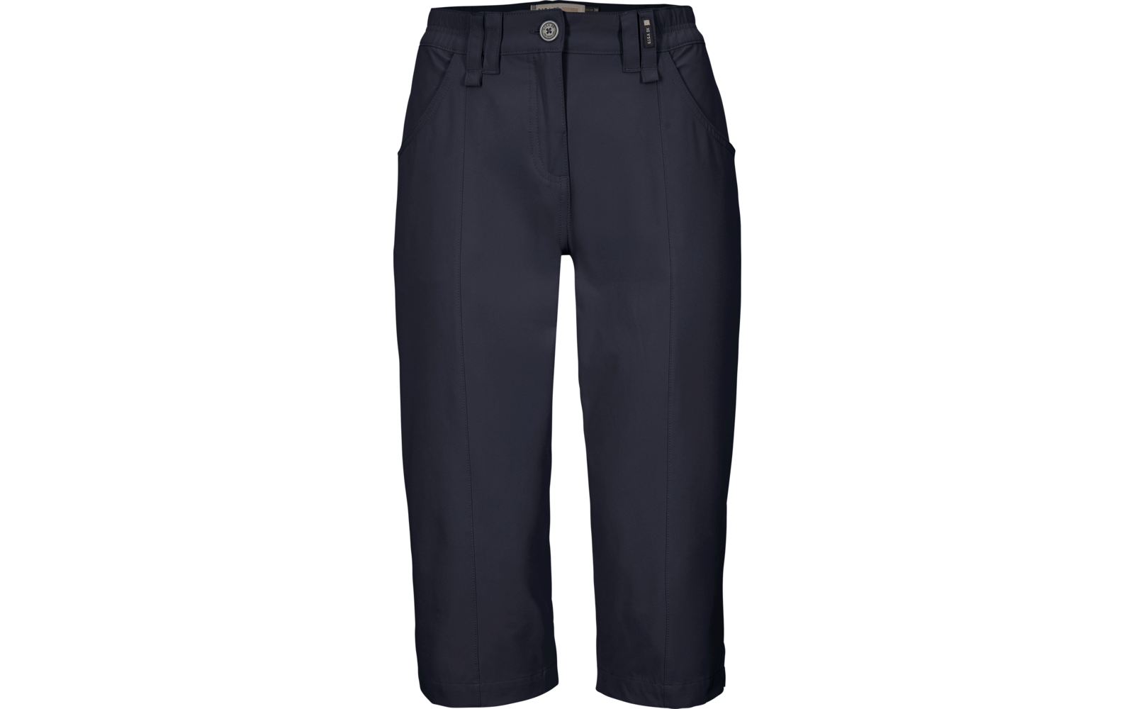 Dunkelblaue knielange Hose mit Knopfbund, Gürtelschlaufen und seitlichen Taschen vor weißem Hintergrund