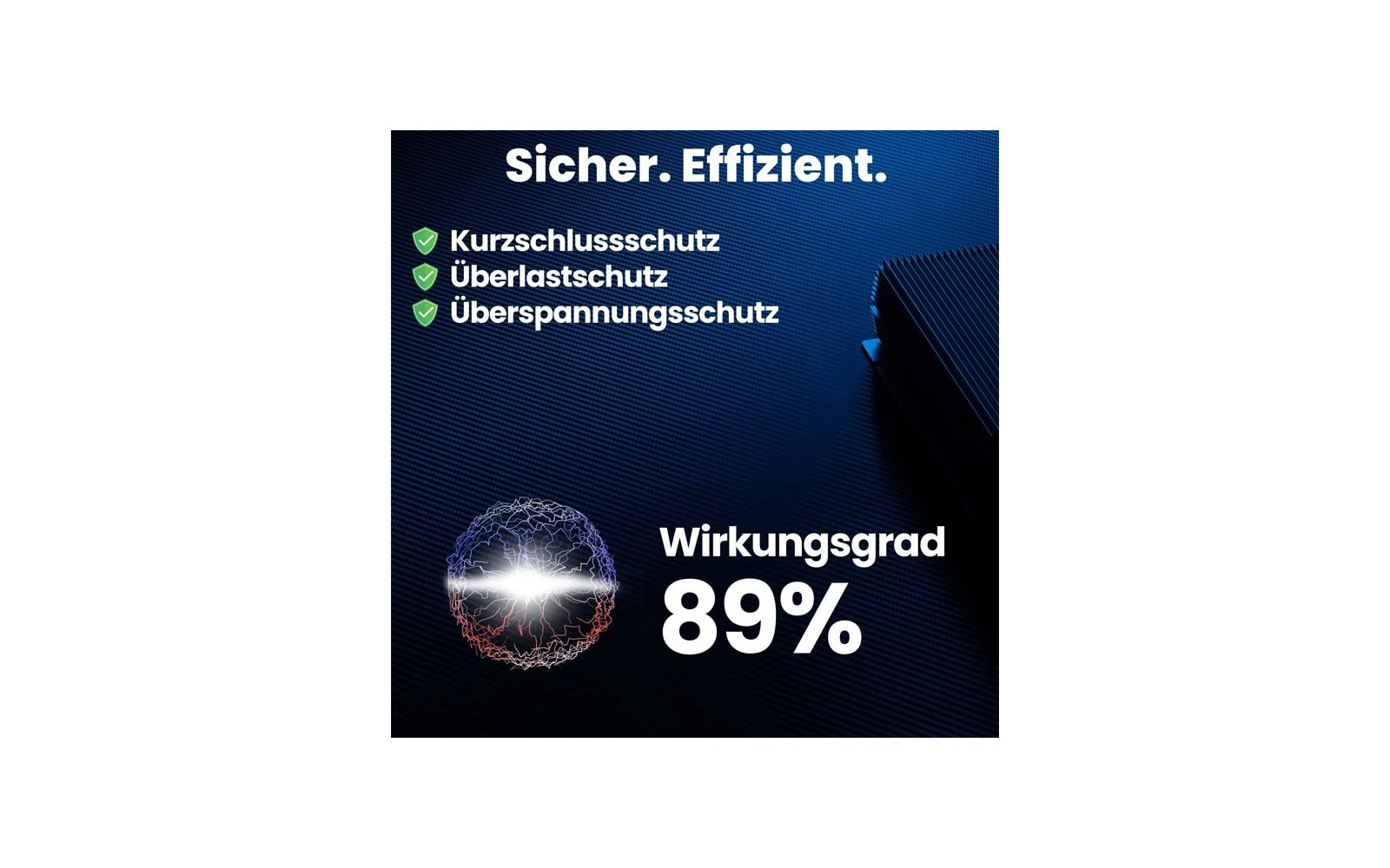 Dunkelblauer Hintergrund mit dem Text 'Sicher. Effizient.', drei grünen Schild-Icons mit den Zeilen 'Kurzschlusschutz', 'Überlastschutz', 'Überspannungsschutz', rechts ein schwarzes Gerät, unten links ein leuchtender Kreis und der Text 'Wirkungsgrad 