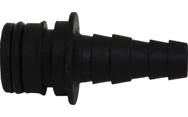 Schwarzes, geripptes Kunststoffstück mit abgestuftem konischem Zapfen, einer flachen Scheibe in der Mitte und Dichtungsrillen am breiteren Ende