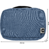 Blue rectangular fabric pouch with zipper, black carrying handle on top and white fabric tag with black logo; dimensions 24.5 cm wide × 16 cm high × 8 cm deep