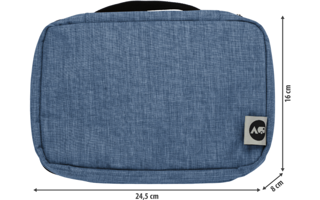 Blue rectangular fabric pouch with zipper, black carrying handle on top and white fabric tag with black logo; dimensions 24.5 cm wide × 16 cm high × 8 cm deep