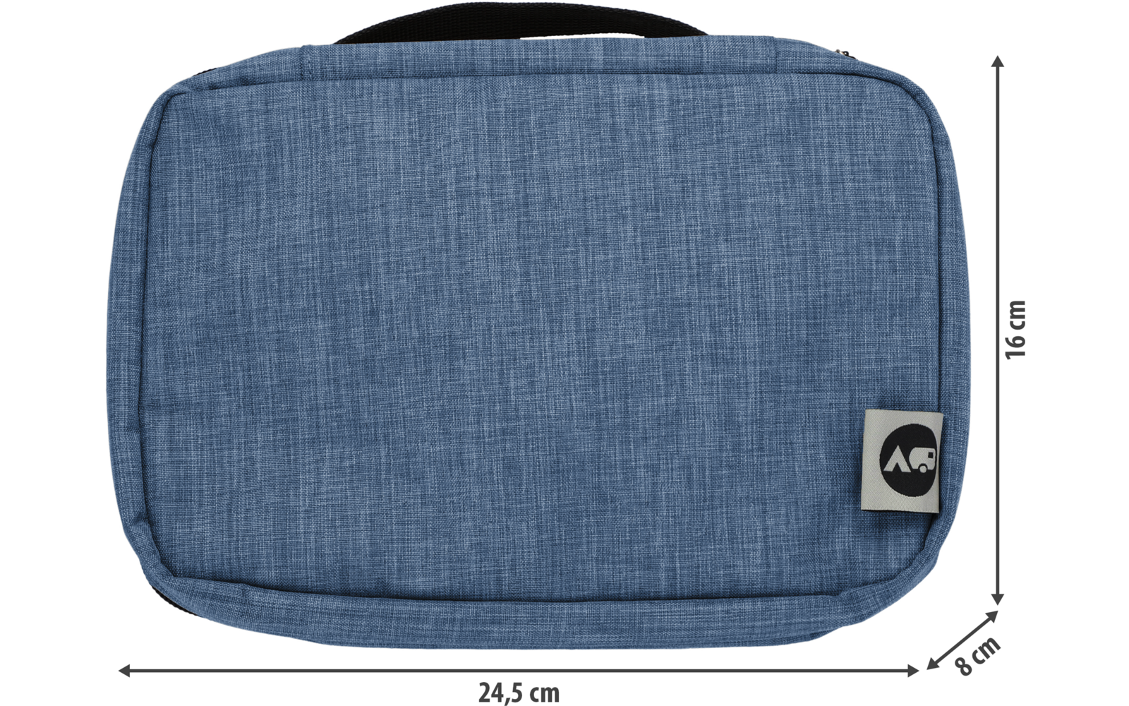Blue rectangular fabric pouch with zipper, black carrying handle on top and white fabric tag with black logo; dimensions 24.5 cm wide × 16 cm high × 8 cm deep