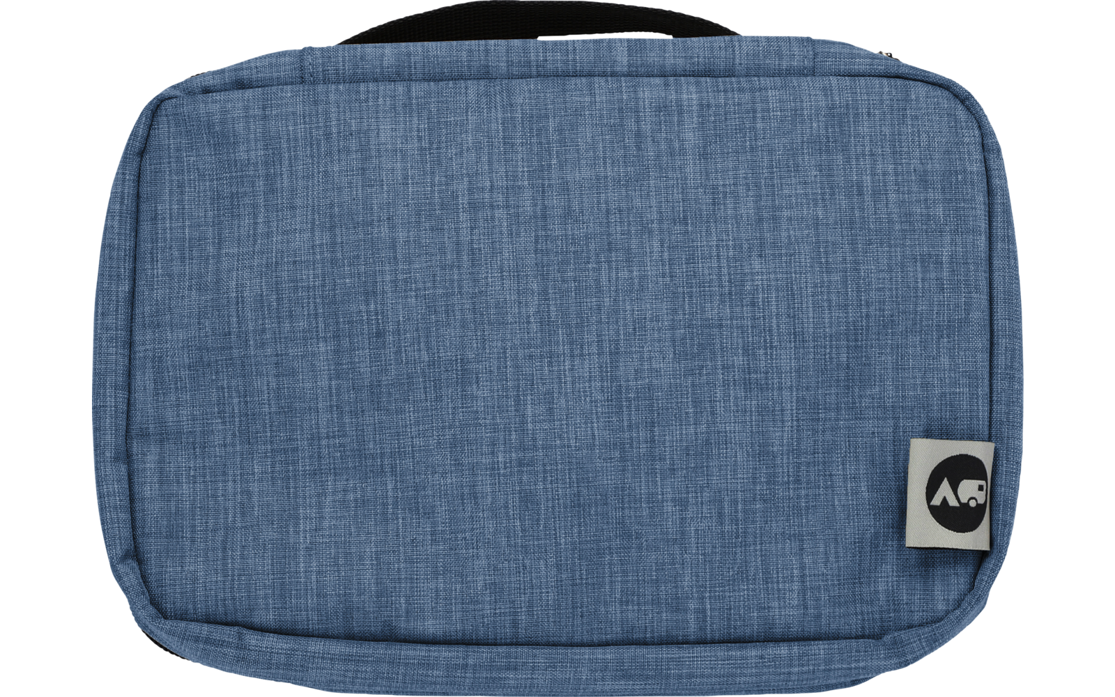 Rechteckiges hellblaues Stoffetui mit kleinem Tragegriff oben und weißem Stofflabel mit schwarzem Rundlogo