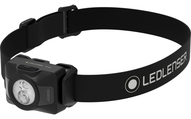 Lampe frontale noire avec un module d'éclairage rectangulaire contenant trois lentilles LED sur un bandeau noir réglable marqué "LEDLENSER"