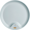 Assiette ronde bleu clair avec petite encoche et motif de bateau