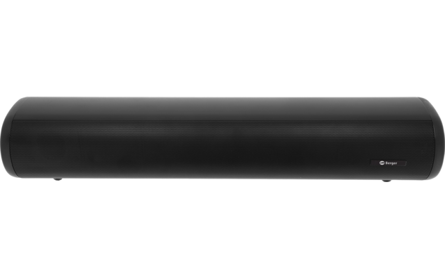 Schwarzer, länglicher zylindrischer Gegenstand mit abgerundeten Enden, glatter Oberfläche, kleinem Logo rechts, auf weißem Hintergrund mit Schatten darunter