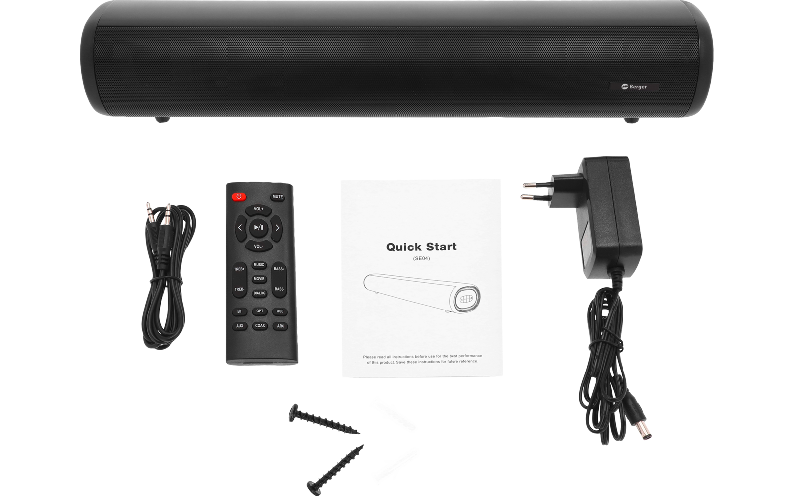 Schwarze zylindrische Soundbar, schwarze Fernbedienung, Audiokabel, Netzteil mit Kabel, Schnellstartanleitung, zwei Schrauben und zwei Dübel
