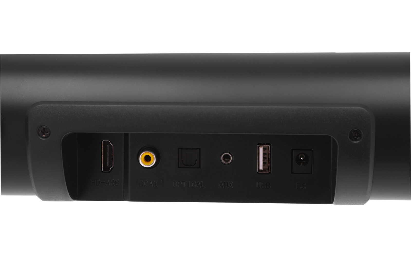 Schwarze Geräte-Rückseite mit mehreren Anschlüssen: breiter rechteckiger Anschluss, gelbe Cinch-Buchse, quadratischer optischer Anschluss, zwei USB-A-Buchsen und runde Strombuchse