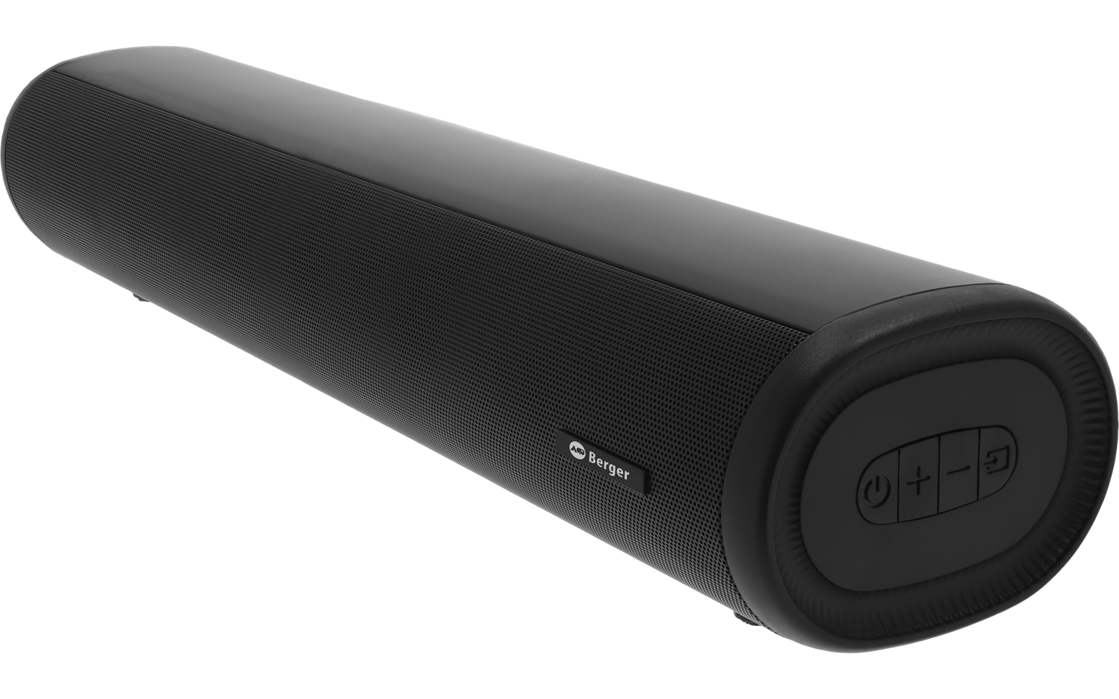 Schwarzes, längliches, zylindrisches Gerät mit Stoffgitter und abgerundeten Enden; an einem Ende drei Tasten mit Symbolen (Ein/Aus, +, −); seitlich kleines Logo; weißer Hintergrund
