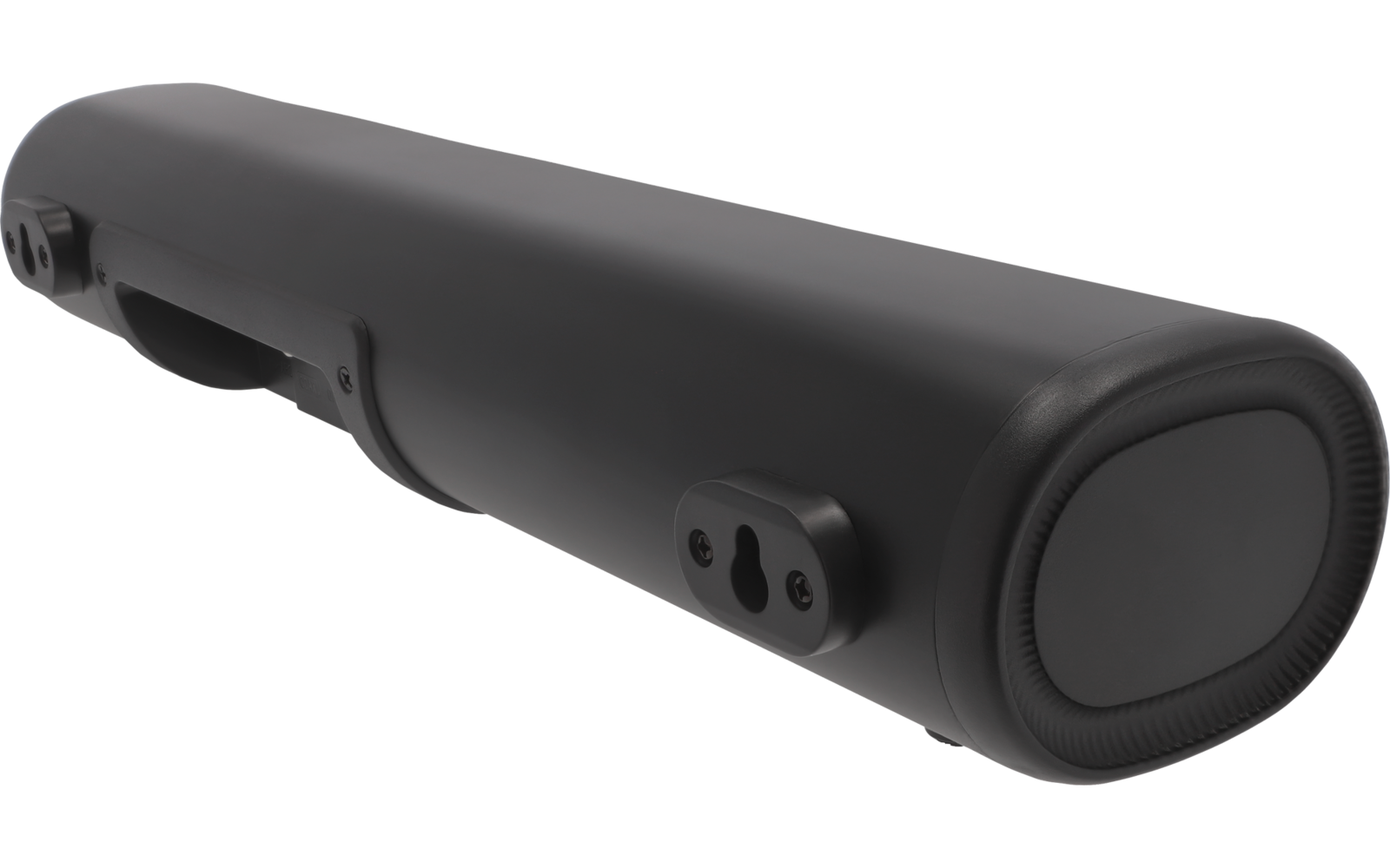 Schwarzes, längliches zylindrisches Gehäuse mit abgerundeten Enden; links eine Grifföffnung; an der Seite zwei kleine Befestigungs-/Anschlussstücke; rechtes Ende oval mit profiliertem Rand