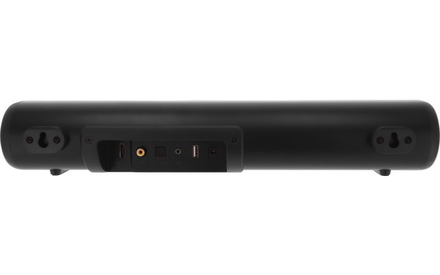 Schwarzer, länglicher Gegenstand mit abgerundeten Enden; mittig ein eingelassenes Anschlussfeld mit mehreren runden und rechteckigen Buchsen