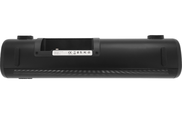 Schwarzes zylindrisches elektronisches Gerät in Seitenansicht, mittiges weißes Etikett mit Piktogrammen, zwei runde Endkappen, gerillte Unterseite