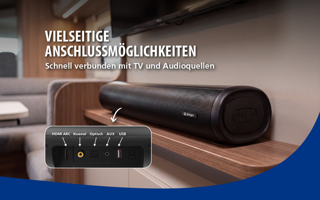 Zwarte soundbar op een houten plank, rechtereinde zichtbaar; lichtgrijze bank op de achtergrond; ingevoegde close-up van het aansluitpaneel met opschriften HDMI ARC, Koaxial, Optisch, AUX, USB; witte tekst linksboven: VIELSEITIGE ANSCHLUSSMÖGLICHKEITEN Schnell verbunden mit TV und Audioquellen