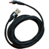 Zwart gevlochten USB-kabel opgerold; aan één uiteinde USB-A-stekker, ander uiteinde ronde stekker met metalen punt; zwarte kabelbinder; witte achtergrond