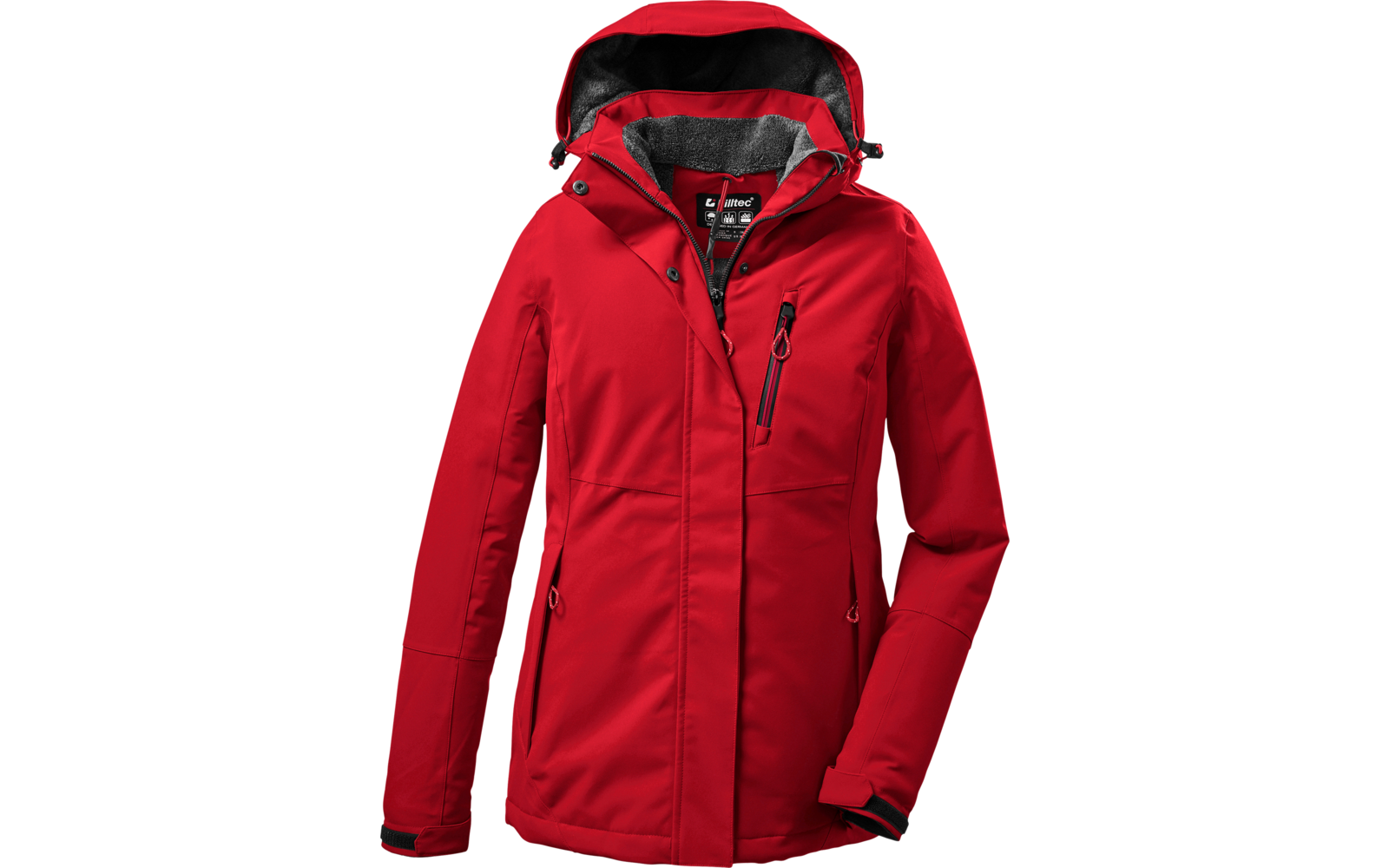 Rote Jacke mit Kapuze, Reißverschluss und Taschen, auf weißem Hintergrund