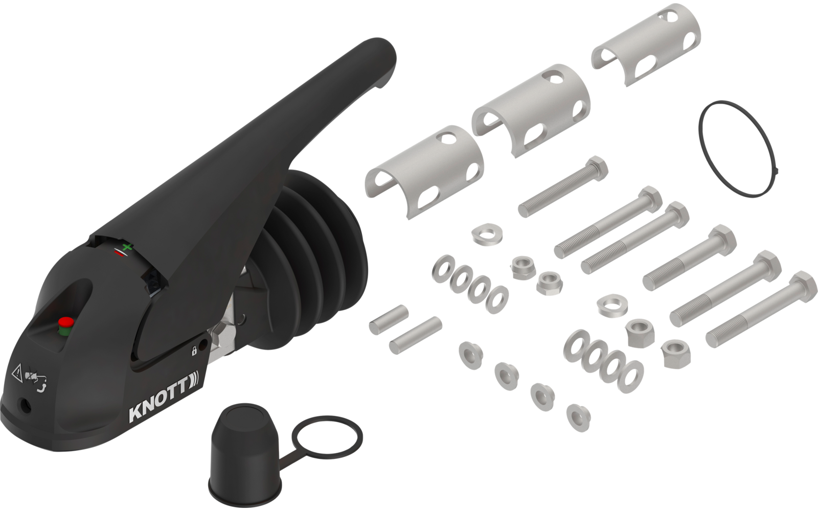 Zwart trekhaakkop met meerdere schroeven, moeren, ringen, plastic doppen en een afdichtring op een witte achtergrond