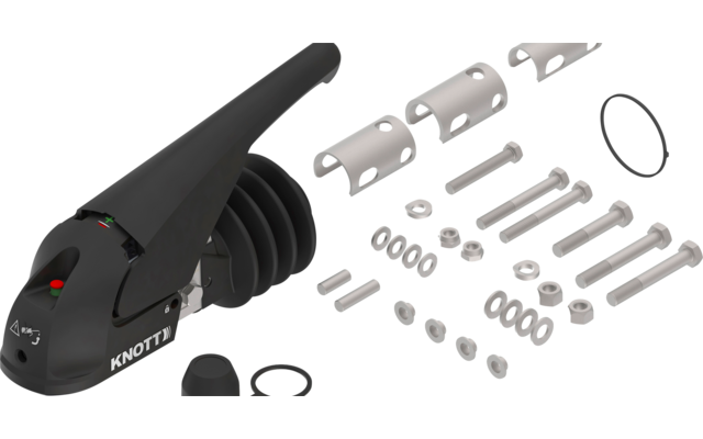 Cabezal de enganche de remolque negro con varios tornillos, tuercas, arandelas, tapas de plástico y un anillo de sellado sobre fondo blanco