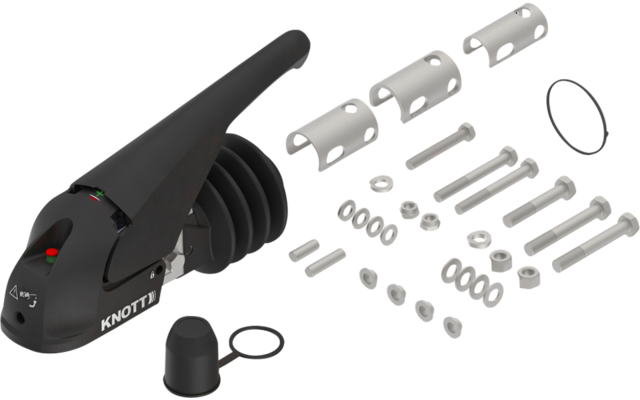 Testa di gancio di traino nera con più viti, dadi, rondelle, cappucci in plastica e un anello di tenuta su sfondo bianco