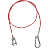 Rotes Seil in einer losen Schlaufe; an einem Ende ein Metallkarabiner, am anderen ein Metallbügel mit Schraubbolzen; weißer Hintergrund