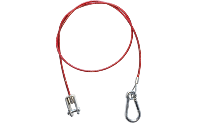 Rotes Seil in einer losen Schlaufe; an einem Ende ein Metallkarabiner, am anderen ein Metallbügel mit Schraubbolzen; weißer Hintergrund