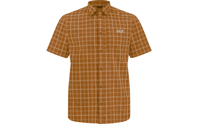 Braun-orange kariertes kurzärmeliges Hemd mit Knopfleiste und kleinem Logo auf der linken Brust