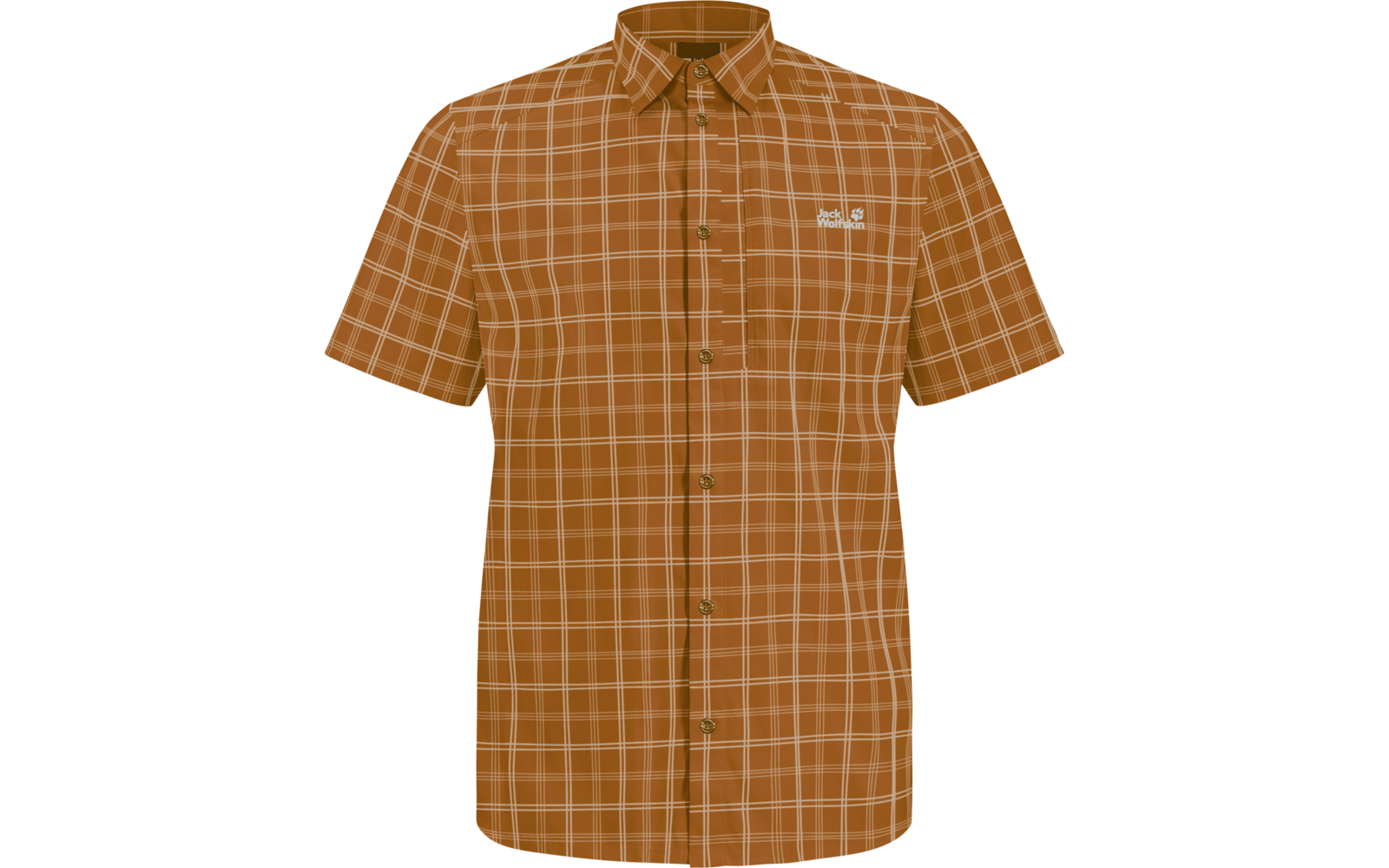 Braun-orange kariertes kurzärmeliges Hemd mit Knopfleiste und kleinem Logo auf der linken Brust