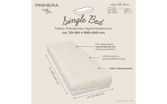 Beige hoeslaken op een eenpersoonsmatras; merklogo 'PRIMERA TRAVEL'; tekst 'Single Bed', 'Mako-Feinjersey-Spannbetttuch ca. 70-90 x 190-210 cm'; aanduidingen 'Für Matratzen von 8 bis 15 cm Matratzenhöhe', 'Mit Rundumgummispannung', '100% Baumwolle'; camper-/bedpictogram met 'sleep like home'; 'KI-generiertes Bild'