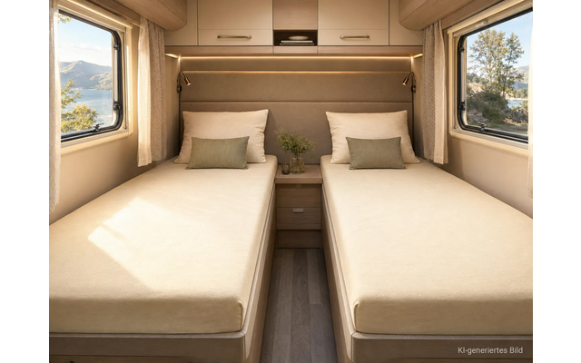 Interieur met twee eenpersoonsbedden, nachtkastje met kleine plant daartussen, op elk bed een kussen en een klein rechthoekig kussentje, leeslampen boven de bedden, kastjes boven, ramen links en rechts met landschap, tekst "KI-generiertes Bild" rechtsonder