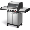 Edelstahl-Gasgrill mit geschlossenem Deckel, eingebautem Thermometer, vier Drehknöpfen, zwei Seitentischen, Schrank mit Doppeltüren und Rollen
