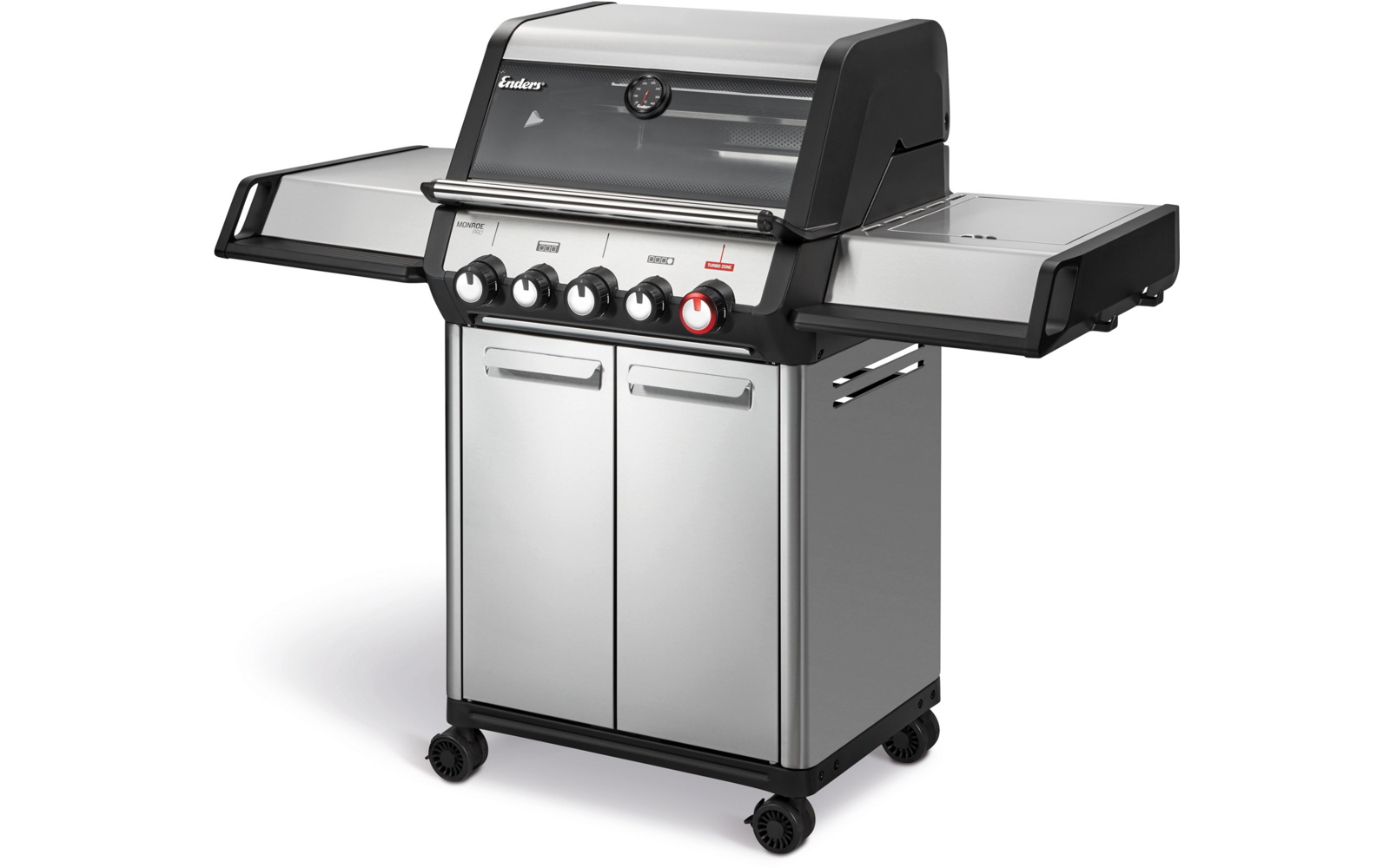 Edelstahl-Gasgrill mit geschlossenem Deckel, eingebautem Thermometer, vier Drehknöpfen, zwei Seitentischen, Schrank mit Doppeltüren und Rollen