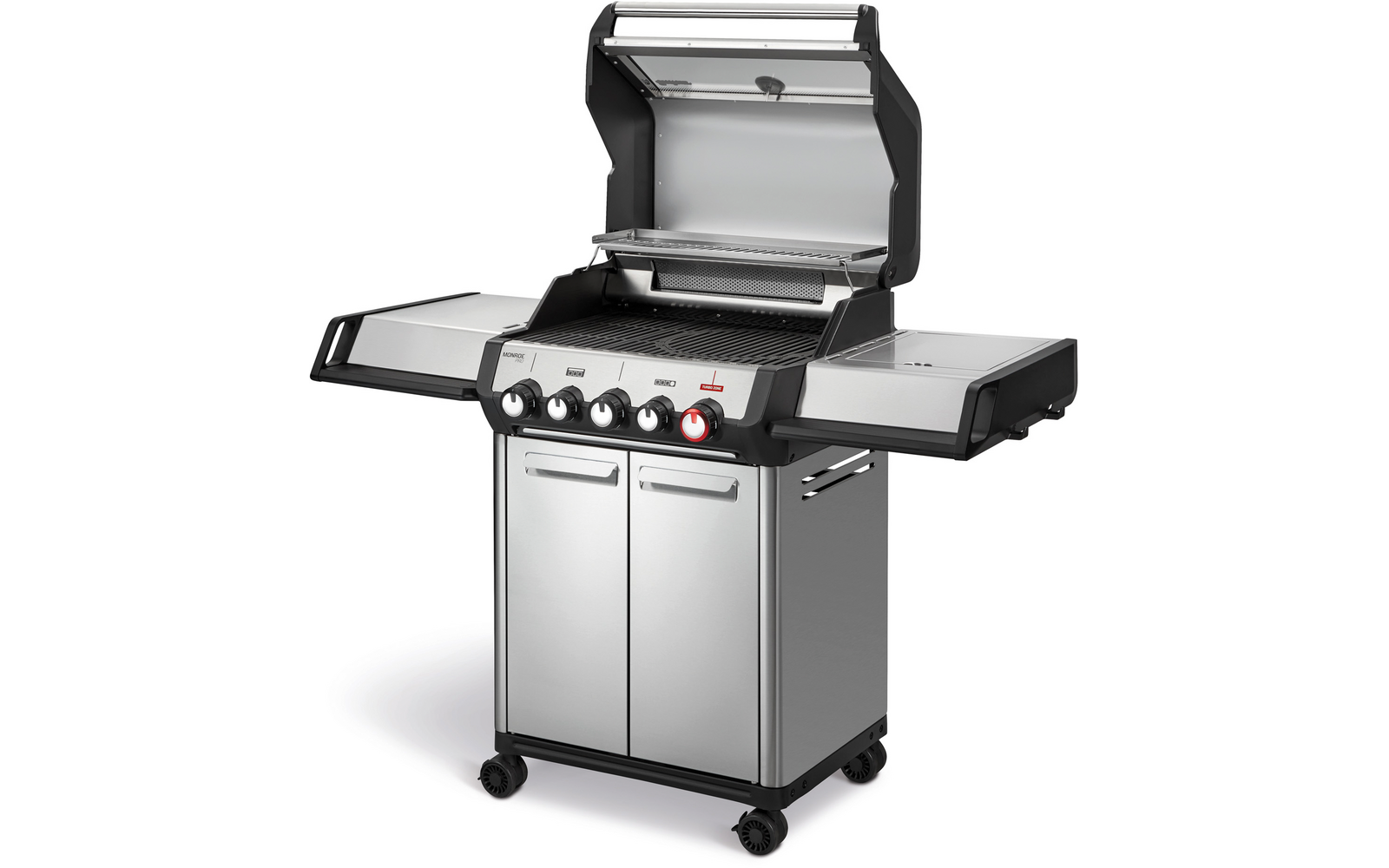 Edelstahl-Gasgrill mit offenem Deckel, sichtbarem Grillrost, zwei seitlichen Ablagen, mehreren Drehreglern (einer rot), Doppeltür-Schränkchen und Rollen