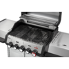 Offener Edelstahl-Gasgrill mit Grillrost, rundem Einsatz in der Mitte, vier Drehreglern (rechter Regler mit rotem Ring) und zwei Seitentischen