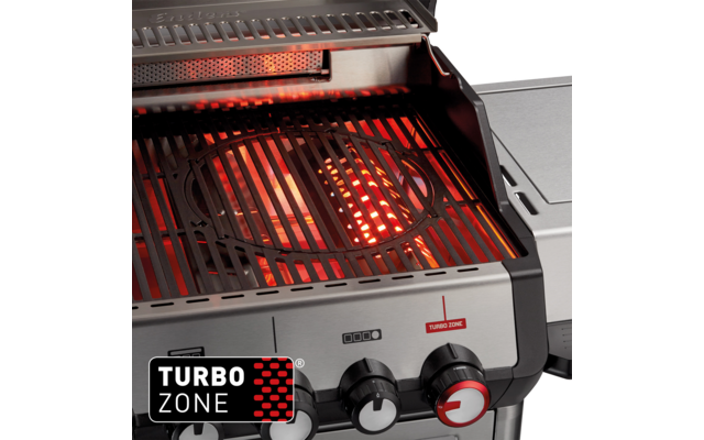 Offener Edelstahlgrill mit Metallrost, roten glühenden Elementen darunter, drei Drehreglern an der Front und 'Turbo Zone'-Logo unten links
