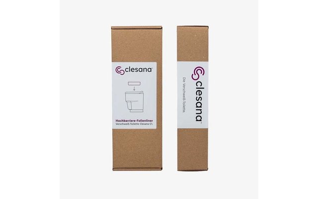 Zwei braune Kartonverpackungen mit weißen Etiketten; auf beiden Etiketten steht "clesana". Linke, breitere Box zeigt ein Mülltonnen-Symbol; rechte Box ist schmal mit vertikalem Etikett